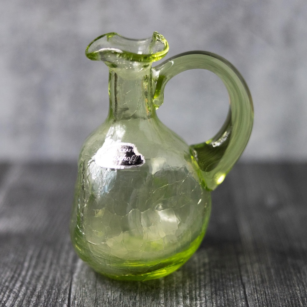 Vintage Bischoff green pitcher cruet missing stopper MCM crackle glass vase